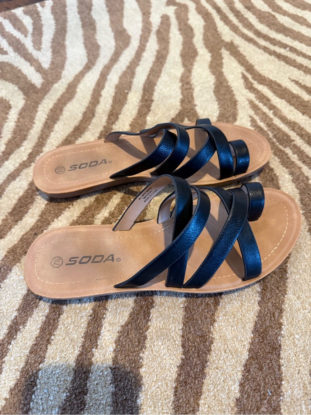 Soda Black Multi-Strap Slide Sandals with Tan Footbed